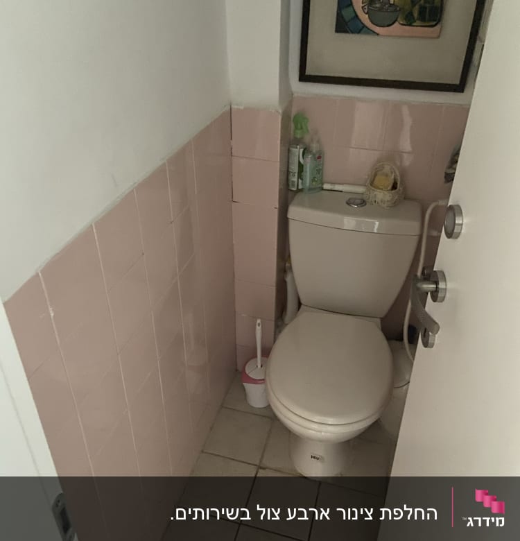 אסלה עם מברשת ניקוי ליד קיר ורוד